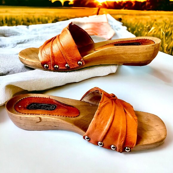 SALPY Handmade Shoes Orange Leather Wooden Mule Style Anna - Picture 2 of 15